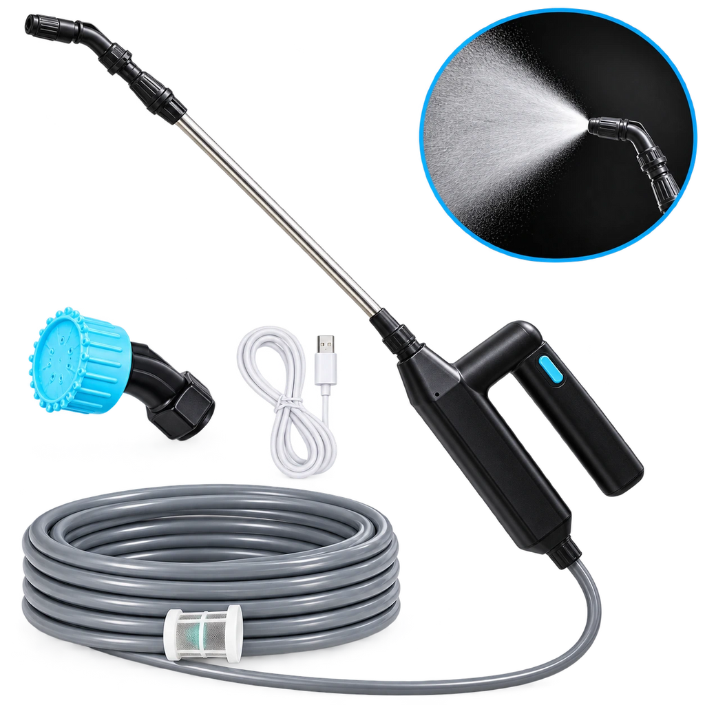 Spruzzatore elettrico con tubo flessibile e ugello regolabile, corpo nero e testina blu