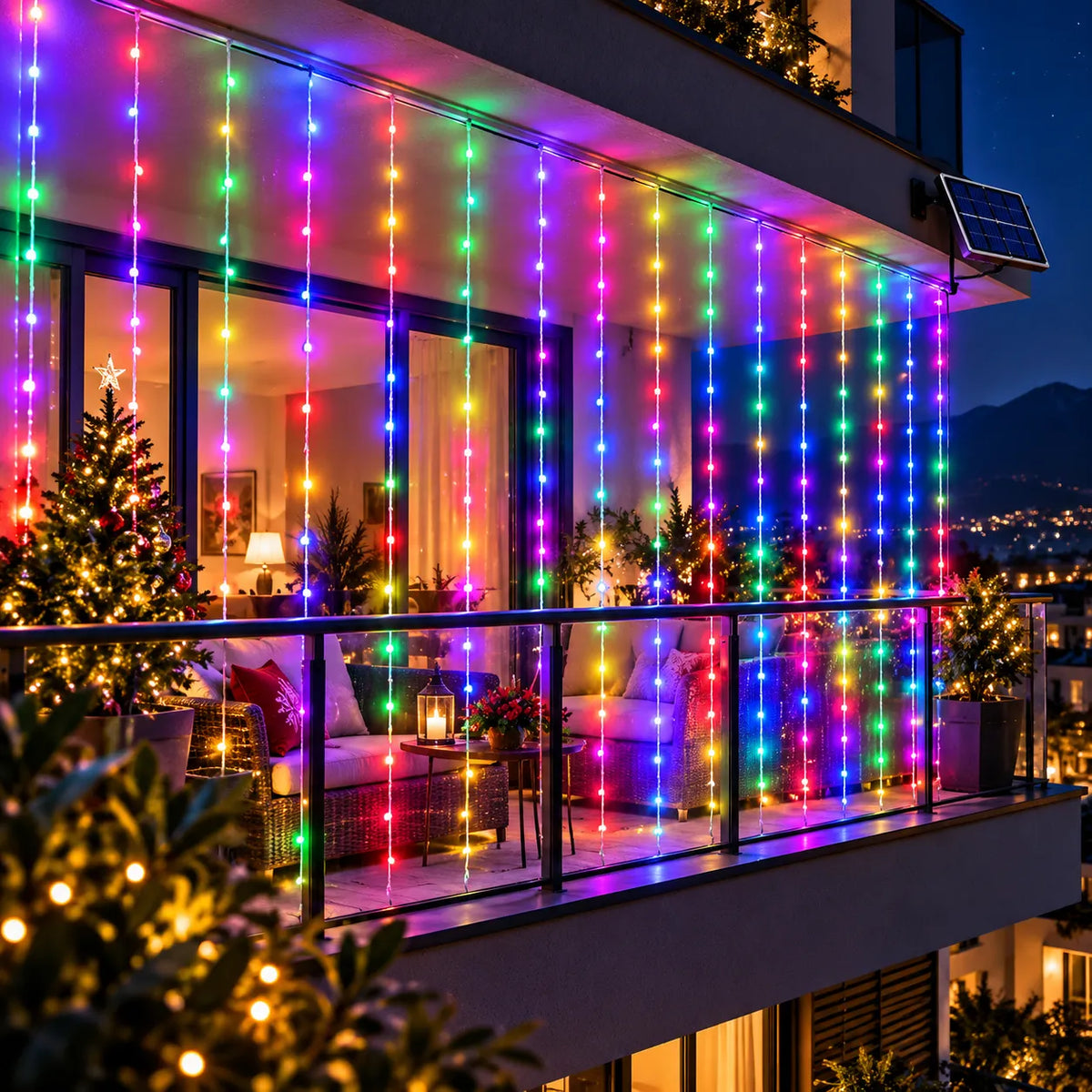 Luci a tenda LED multicolore su parete esterna con pannello solare