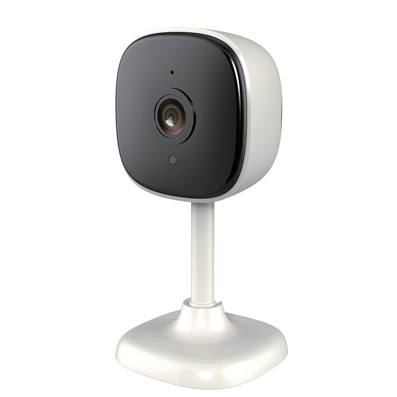 Telecamera WiFi da interno bianca con cupola nera e base tonda
