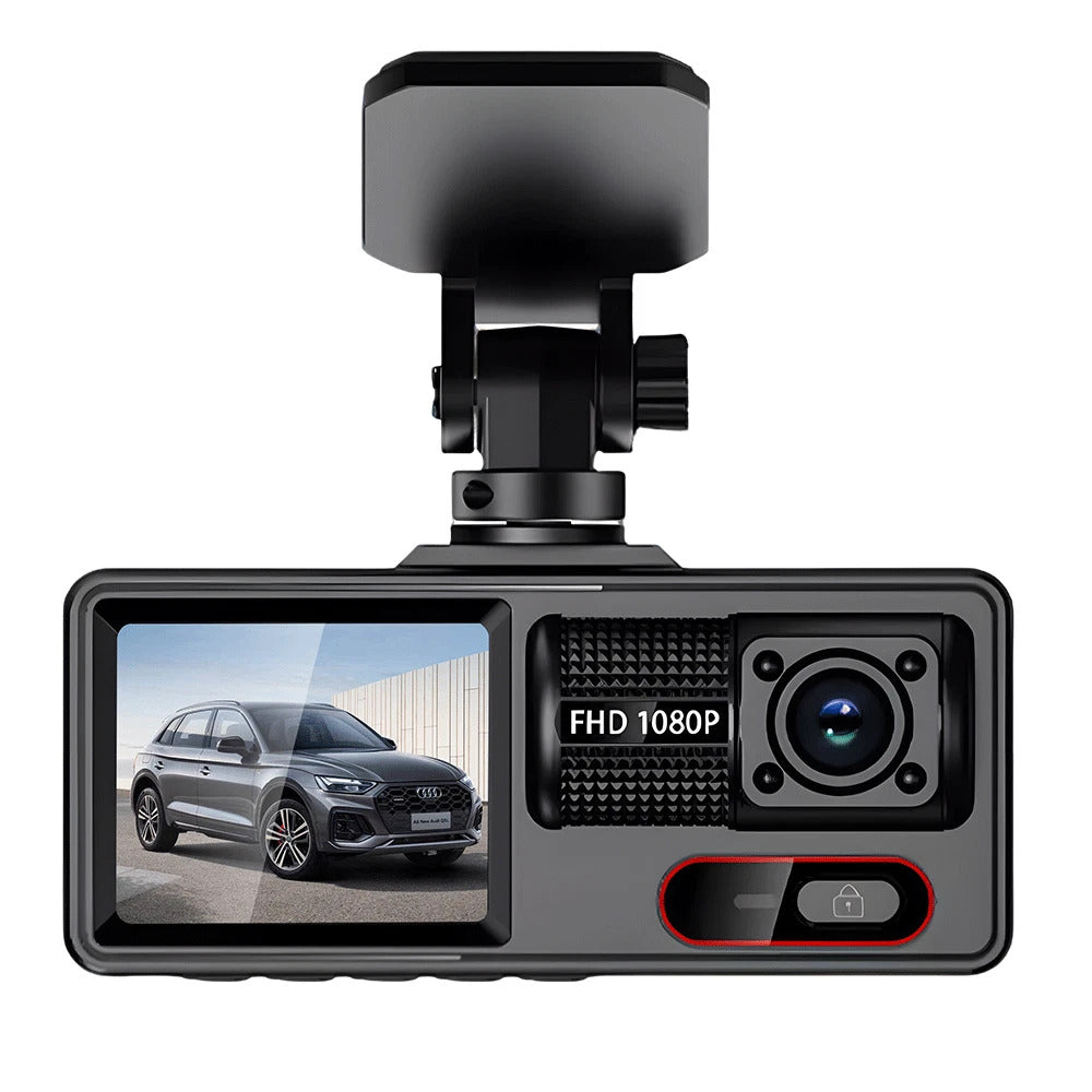 Dash cam tripla con telecamera superiore e schermo frontale, nero, FHD 1080P