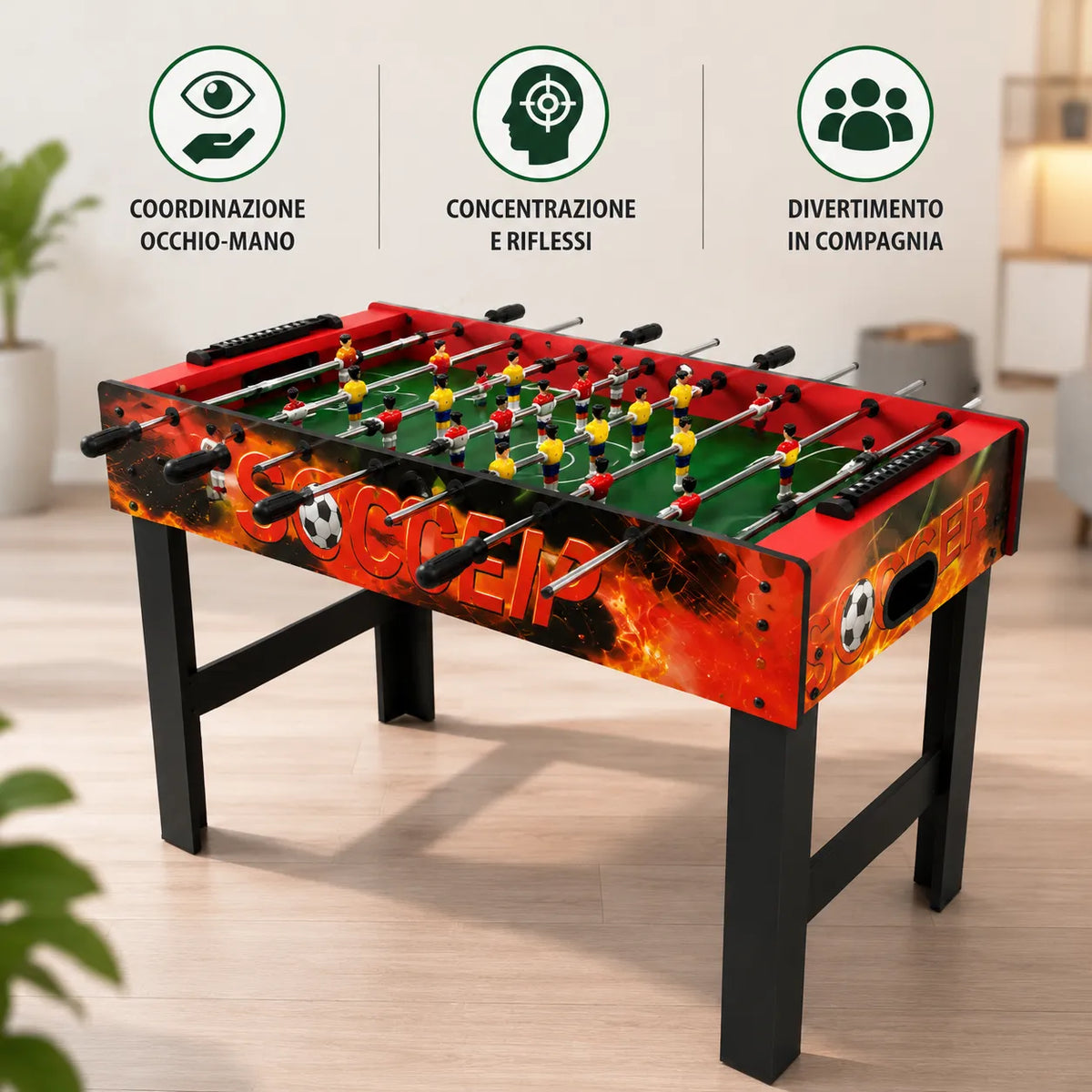 Tavolo da calcio balilla rosso con campo verde, aste nere e giocatori colorati in fila.
