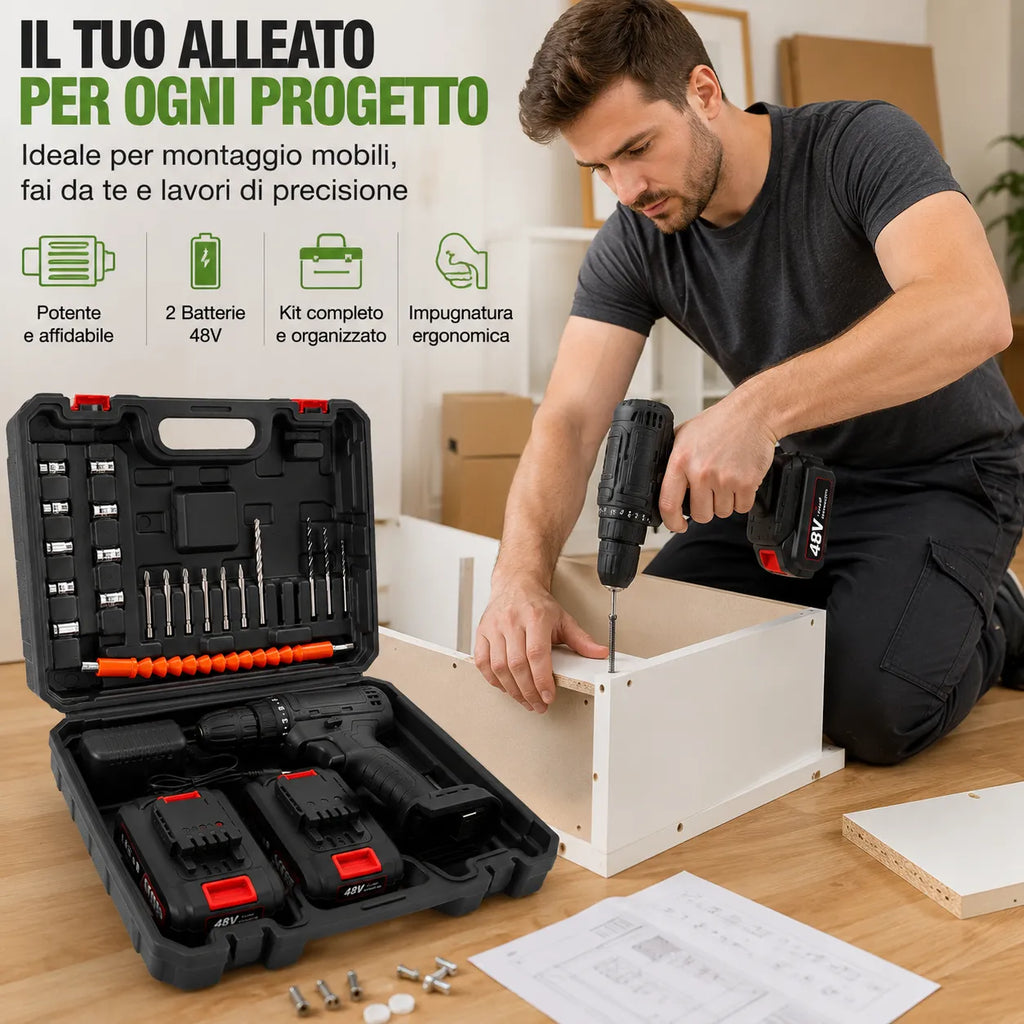 Kit avvitatore 48V con valigetta aperta e trapano in uso su mobile
