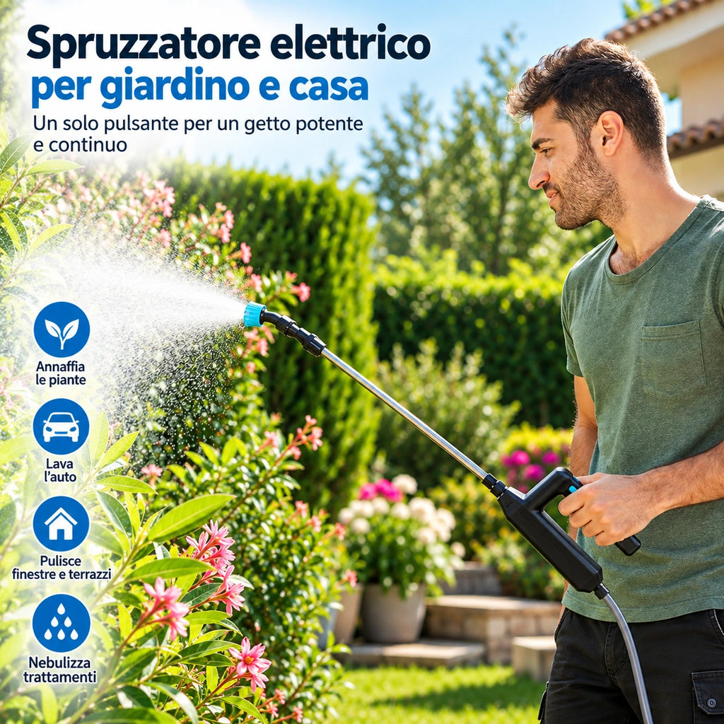 Spruzzatore elettrico per giardino, impugnatura nera e asta telescopica con ugello