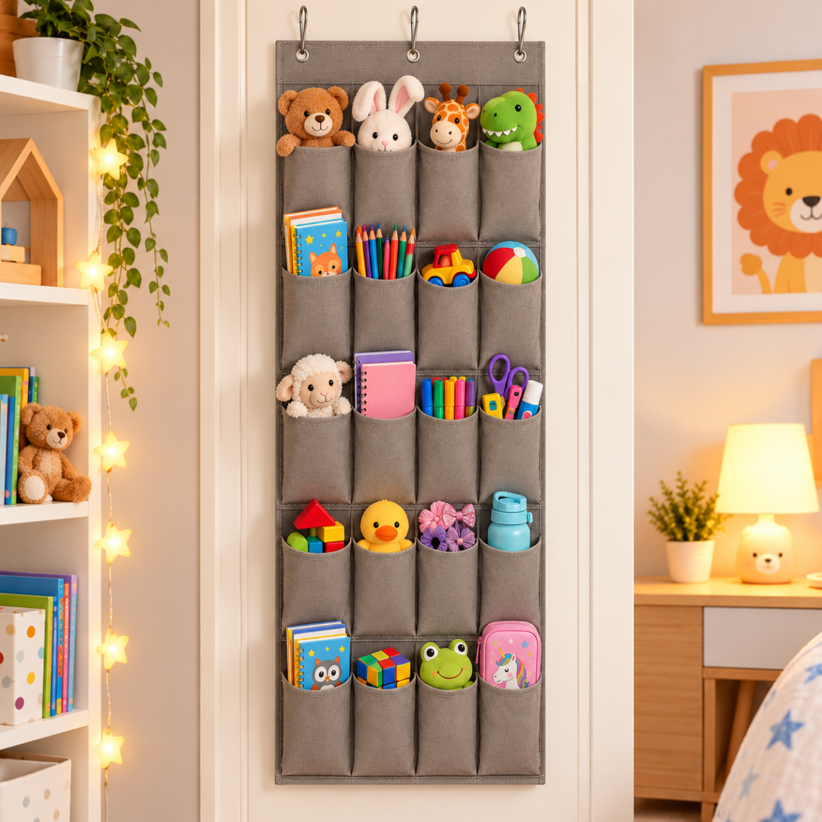 Organizer da parete con tasche portaoggetti grigie per porta, con giochi e penne