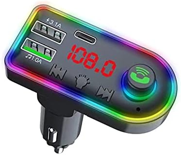 Trasmettitore FM Bluetooth per auto con display rosso e tasto vivavoce verde, bordo RGB