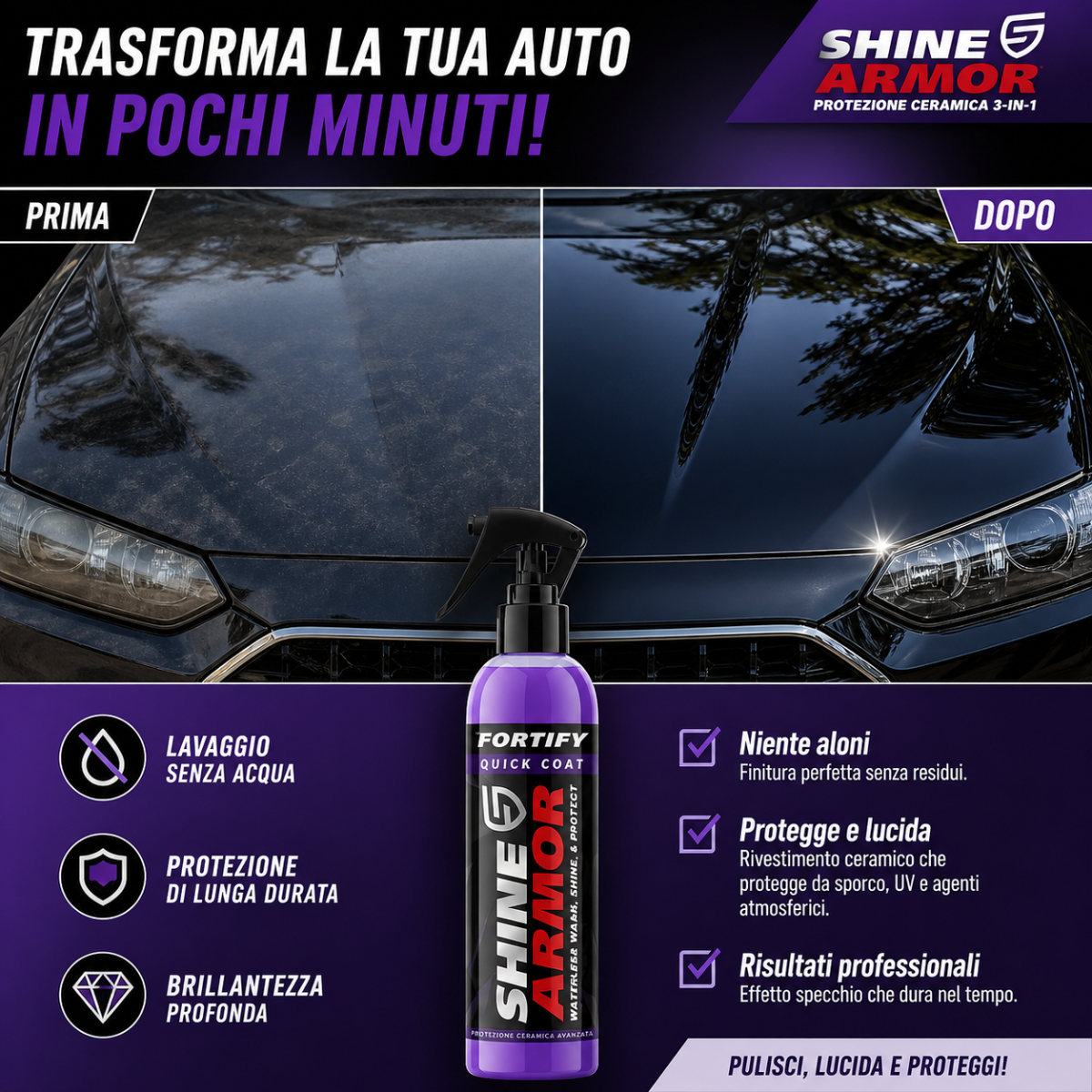 Spray lucidante auto Shine Armor Fortify Quick Coat, flacone viola con ugello spray.