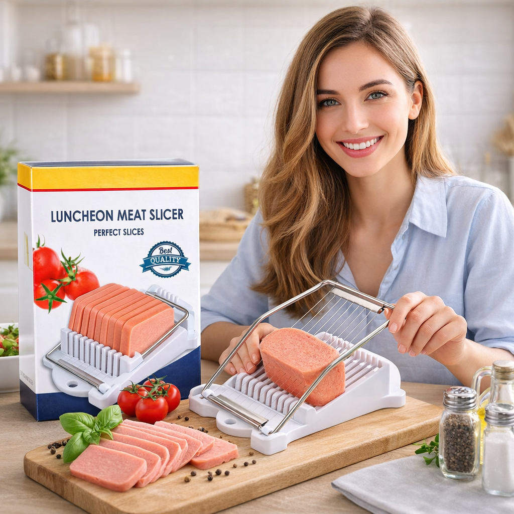 Affettatrice per carne con fette di salume arancio su piano, impugnature in metallo