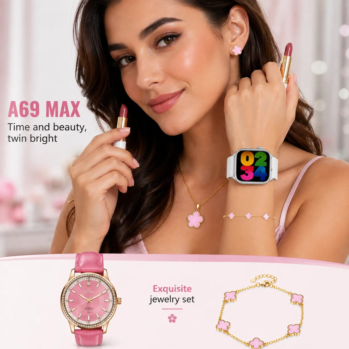Set smartwatch e accessori beauty: orologio analogico rosa e rossetto