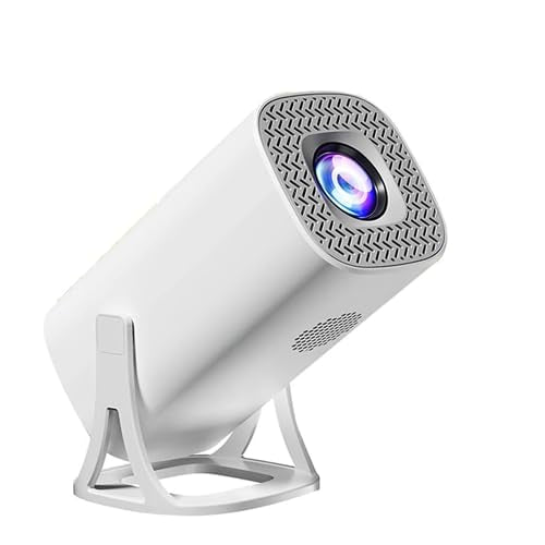 Mini proiettore portatile bianco con lente circolare blu e supporto pieghevole grigio