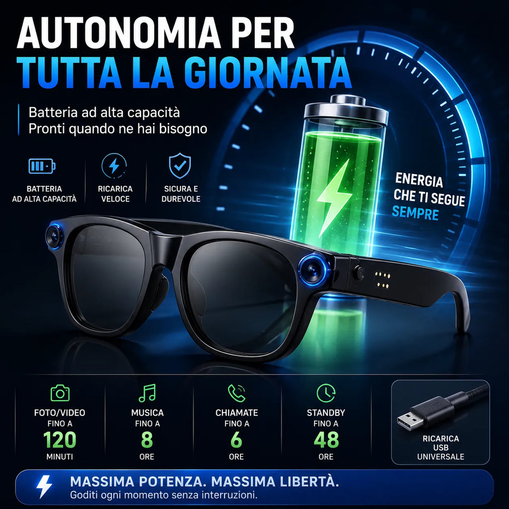 Occhiali smart AI neri con lenti scure e alloggiamento fotocamera blu laterale