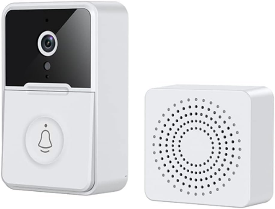Campanello videocitofono wireless bianco con pulsante tondo e telecamera nera