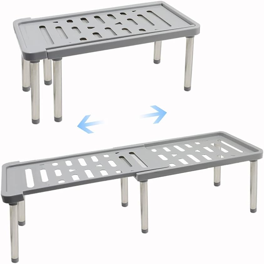 Scaffale espandibile grigio con ripiano forato e gambe in metallo