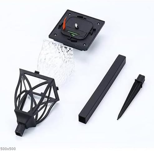Lampada LED da giardino con componenti: paralume in vetro, base e supporto neri.