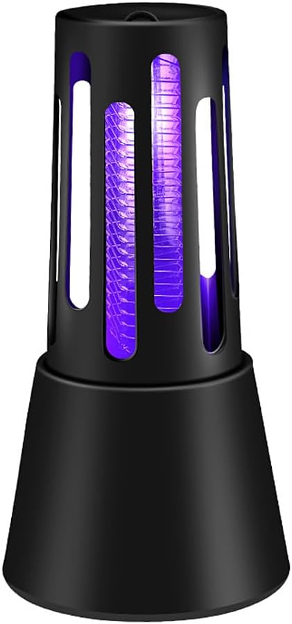 Lampada zanzariera elettrica nera con tubi viola accesi e base ampia cilindrica.