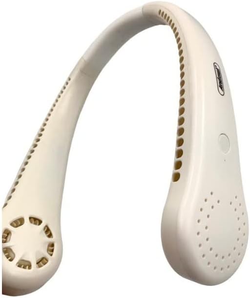 Ventilatore da collo portatile bianco con perforazioni laterali e pulsante