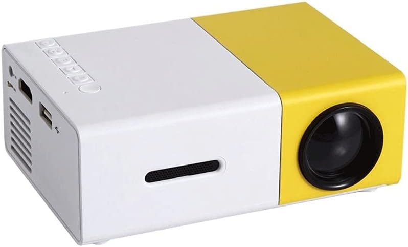 Mini proiettore portatile bianco e giallo con obiettivo nero e ingressi laterali