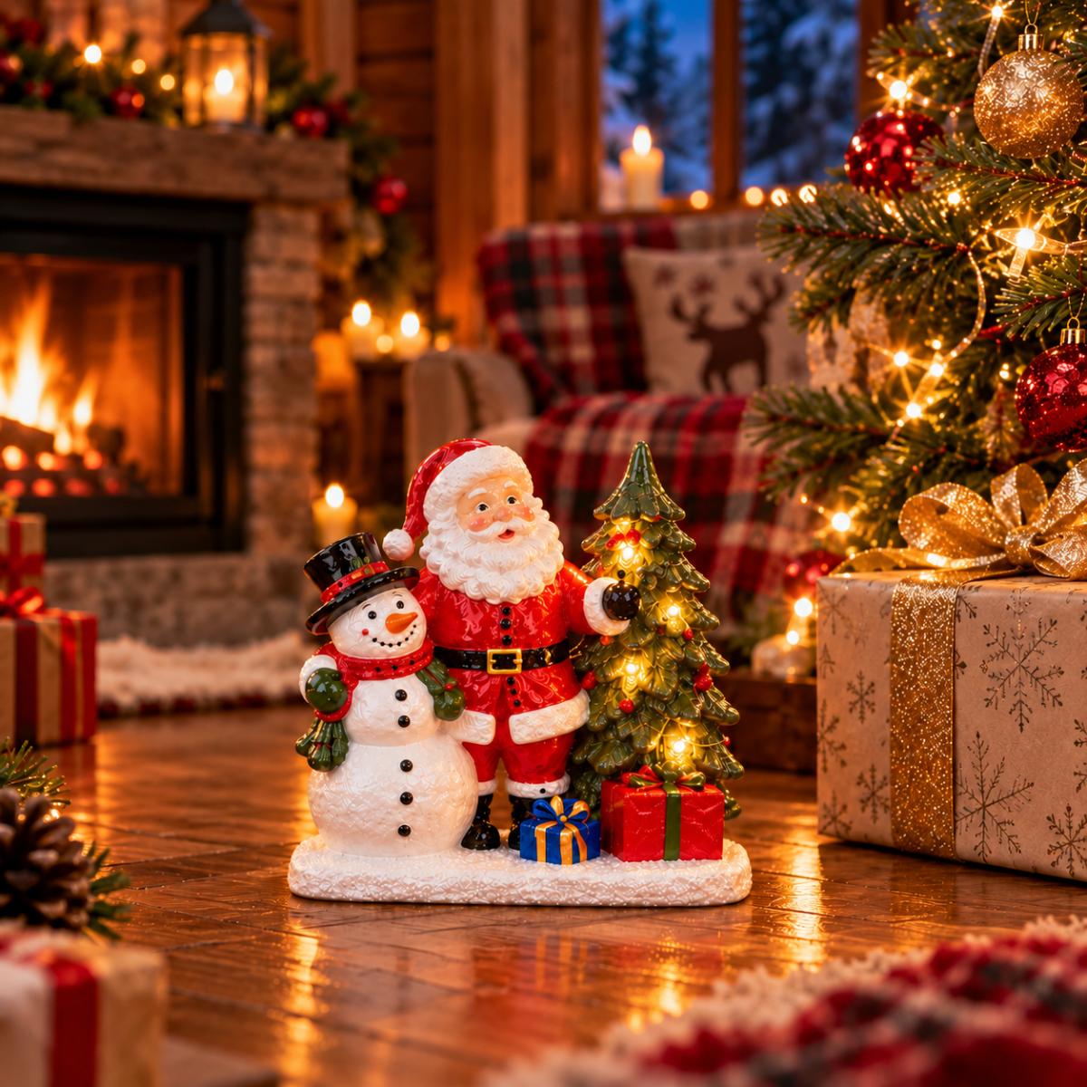 Decorazione natalizia Babbo Natale su base effetto legno con albero LED e regali
