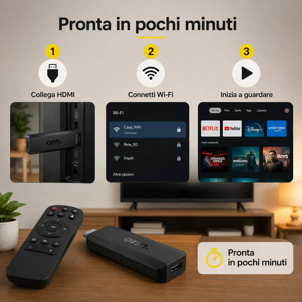 Kit ONN: stick HDMI nero e telecomando nero sul tavolo