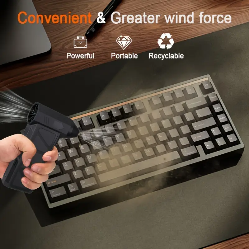 Mini ventilatore turbo jet nero in mano con getto d’aria