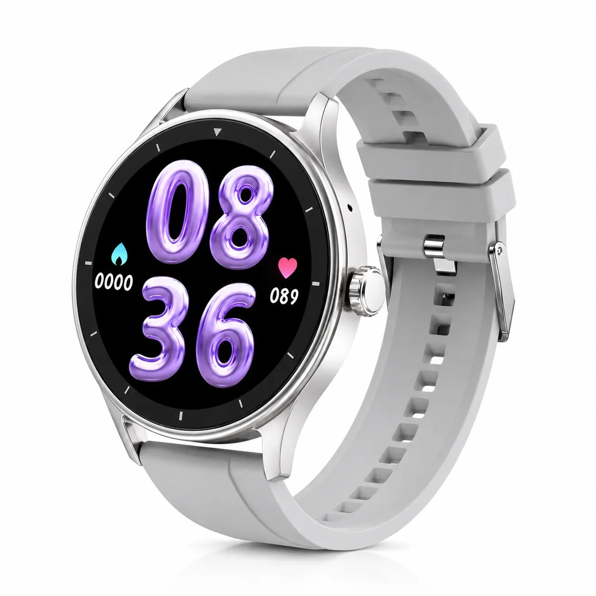 Smartwatch AMOLED Beauty Miss con cinturino grigio e quadrante viola con numeri