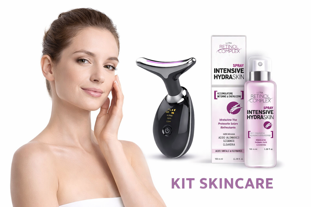 Kit skincare: spray idratante Intensive Hydraskin 100 ml e massaggiatore viso e collo LED