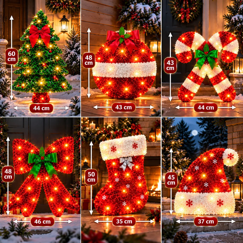 Set 6 decorazioni natalizie LED con musica: fiocco, albero, calza, cappello, bastoncini, pallina.