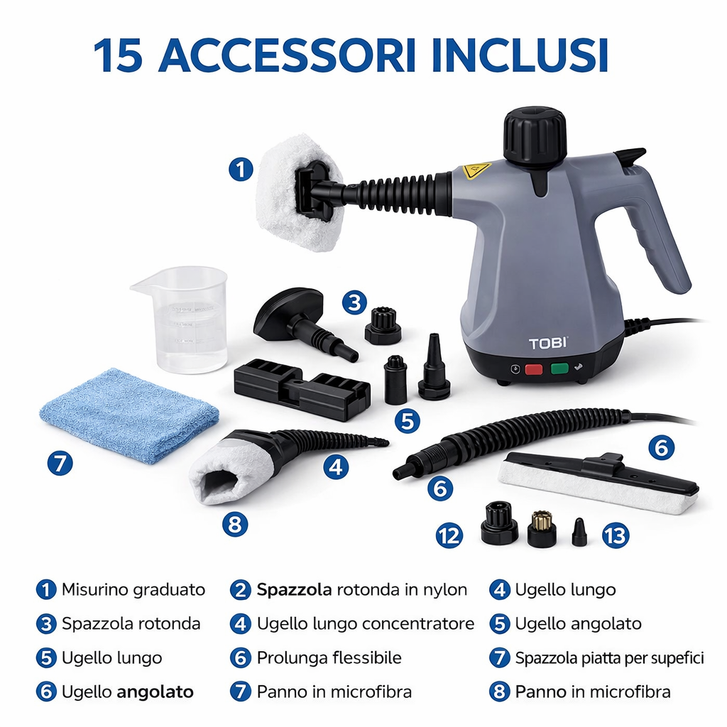 Pulitore a vapore portatile grigio con set di accessori e panni in microfibra
