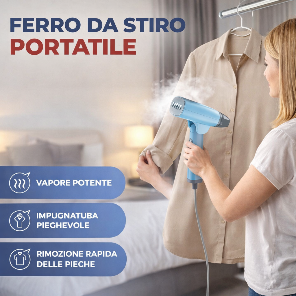 Ferro da stiro portatile a vapore azzurro con getto di vapore su camicia beige