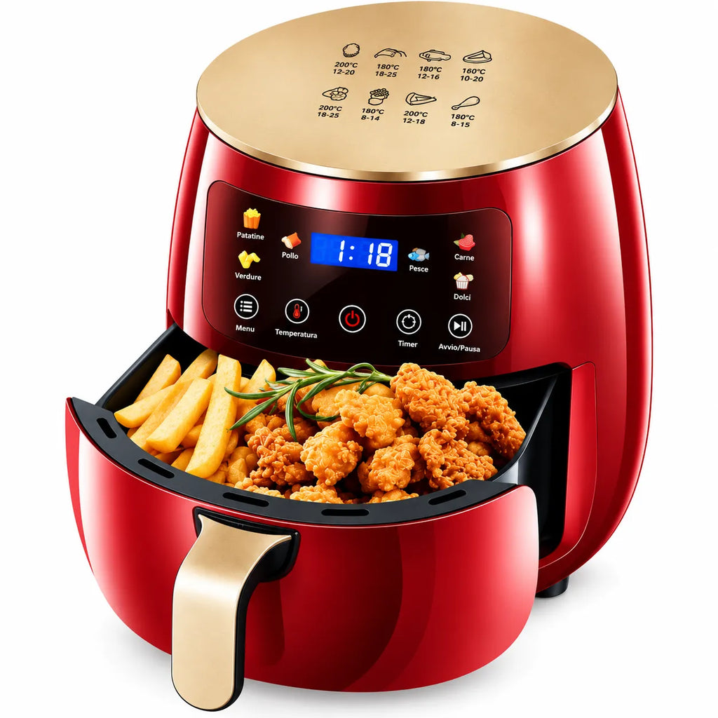 Friggitrice ad aria 8L rossa con display LED touch e cestello estraibile antiaderente