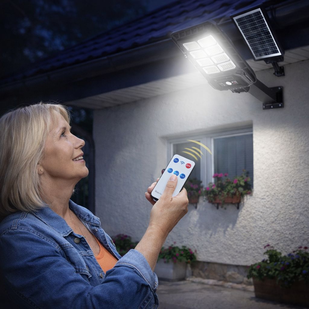 Faro LED Solare 240 LED con Sensore PIR e Telecomando – IP65 Esterno Impermeabile