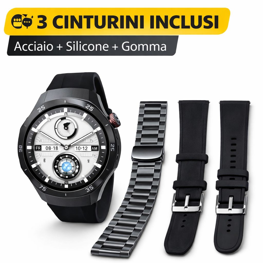 Smartwatch con cinturini intercambiabili: cassa nera con cinturino in silicone e maglia.