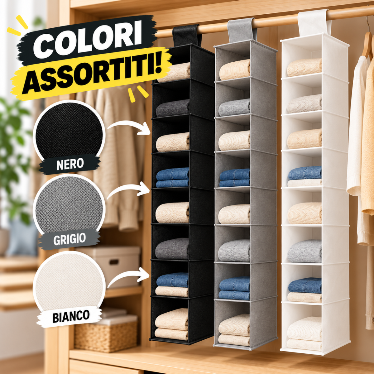 Organizer pensile da armadio con 8 ripiani in tessuto: nero, grigio e bianco.