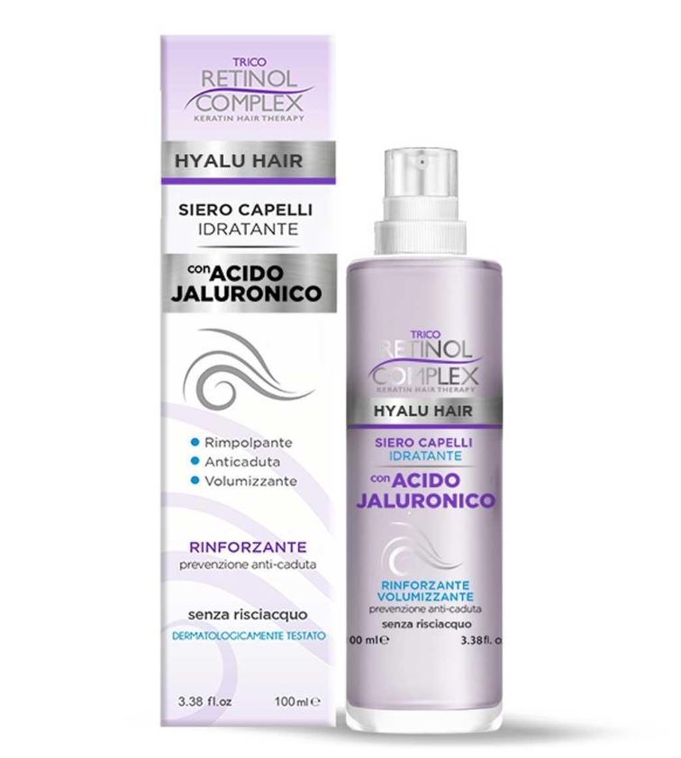 Siero per capelli idratante con acido ialuronico, flacone viola con pompa spray.