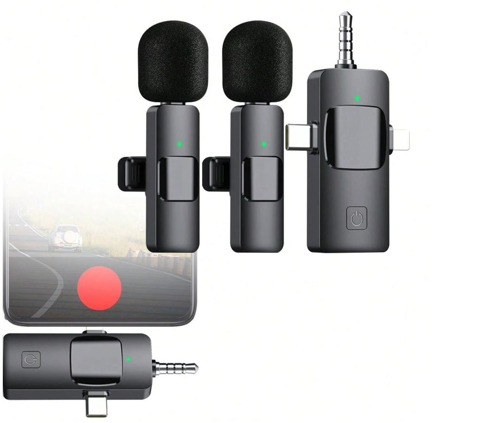 Set microfoni lavalier wireless con due microfoni neri e ricevitore grigio