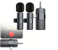 Set microfoni lavalier wireless con due microfoni neri e ricevitore grigio