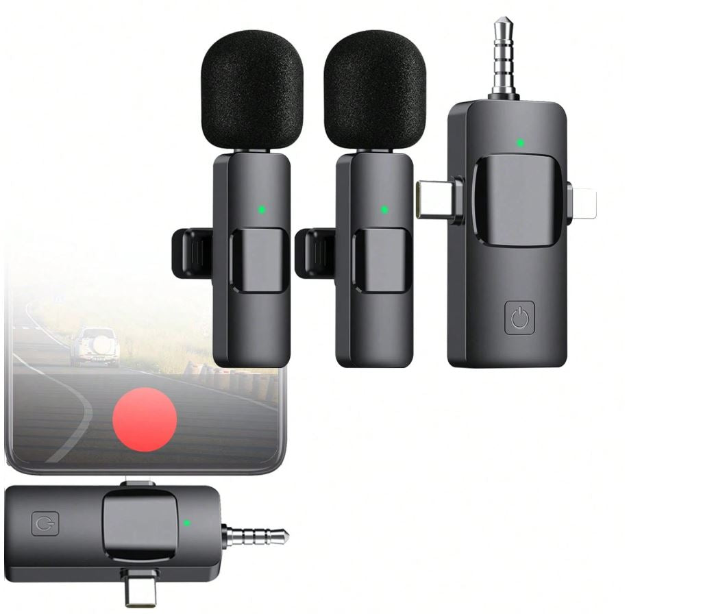 Set microfoni lavalier wireless con due microfoni neri e ricevitore grigio