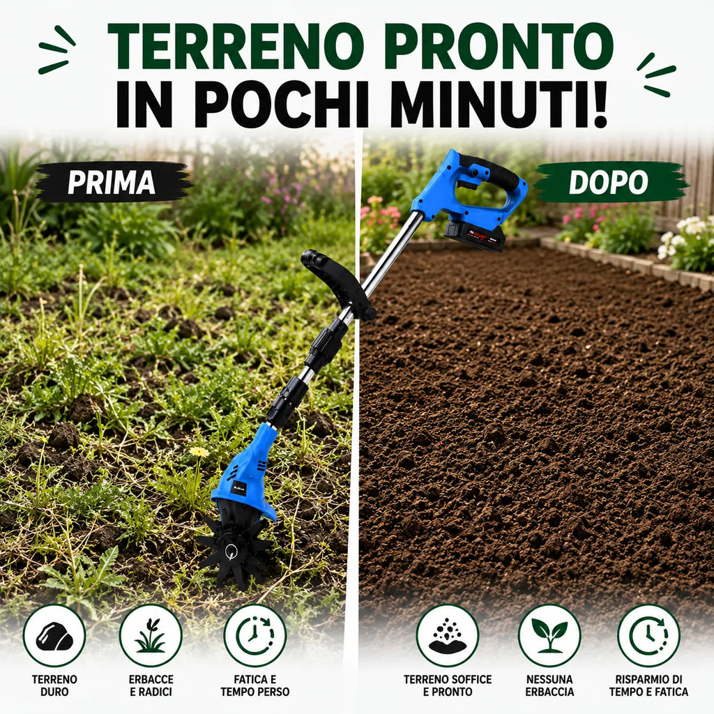 Micro coltivatore elettrico a batteria con manico pieghevole, lavora il terreno in pochi minuti