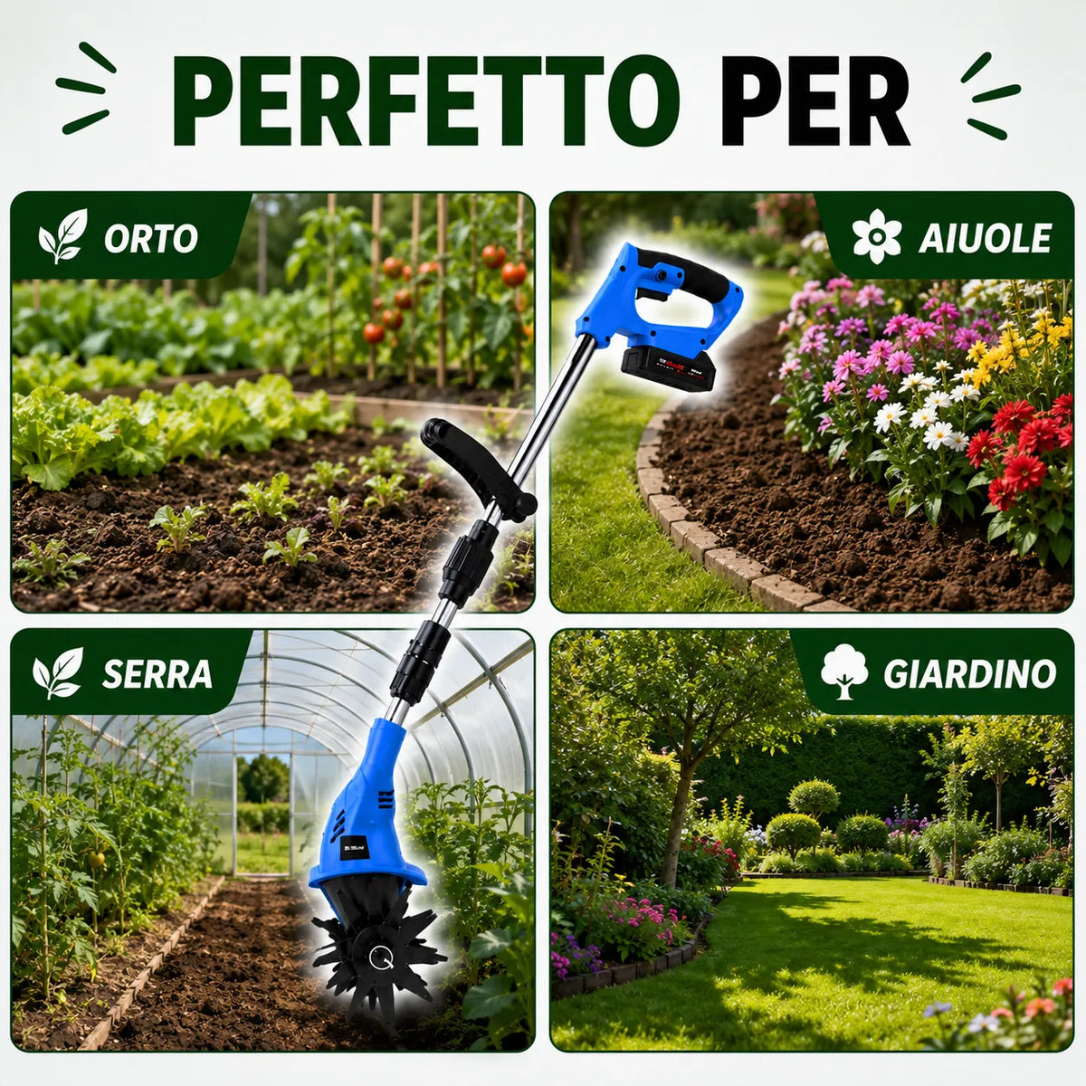 Micro coltivatore per orto e giardino, testina rotonda per lavorare il terreno e aiuole