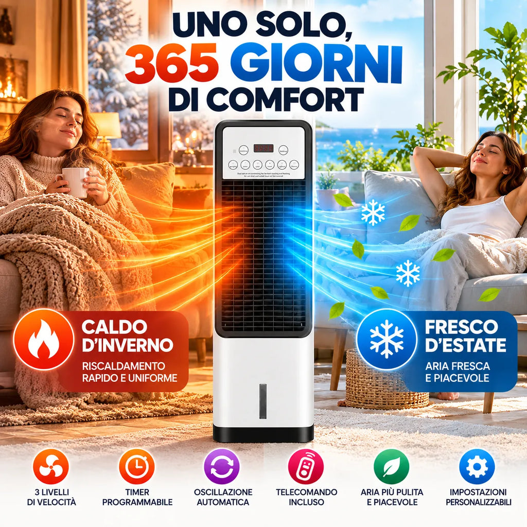 Raffrescatore e termoventilatore 3 in 1 bianco e nero con griglia frontale e display.