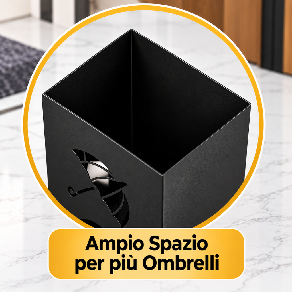 Portaombrelli rettangolare nero in ferro con ampio vano interno per più ombrelli.