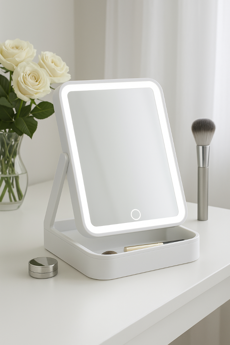 Specchio da trucco da tavolo bianco con LED touch, supporto inclinabile e manopola touch