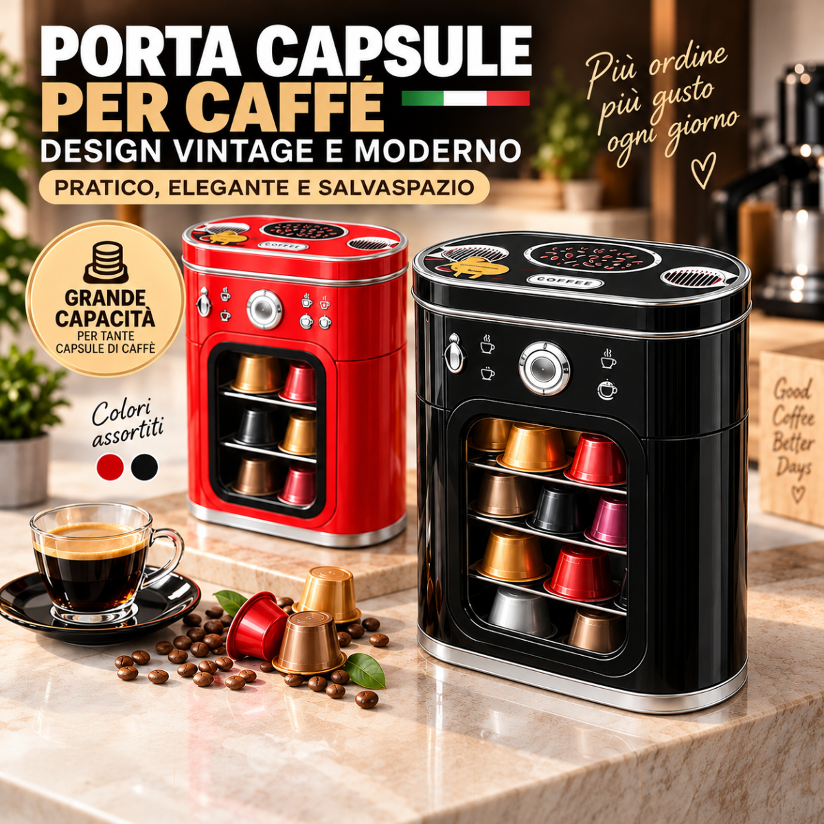 Contenitore porta capsule caffè vintage rosso e nero, vetrina con capsule colorate