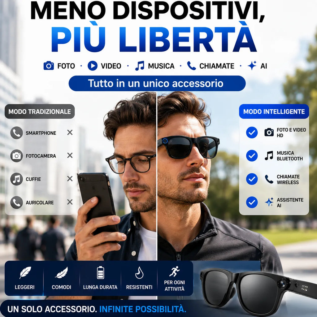 Occhiali smart AI neri con lenti scure e modulo blu sulla montatura