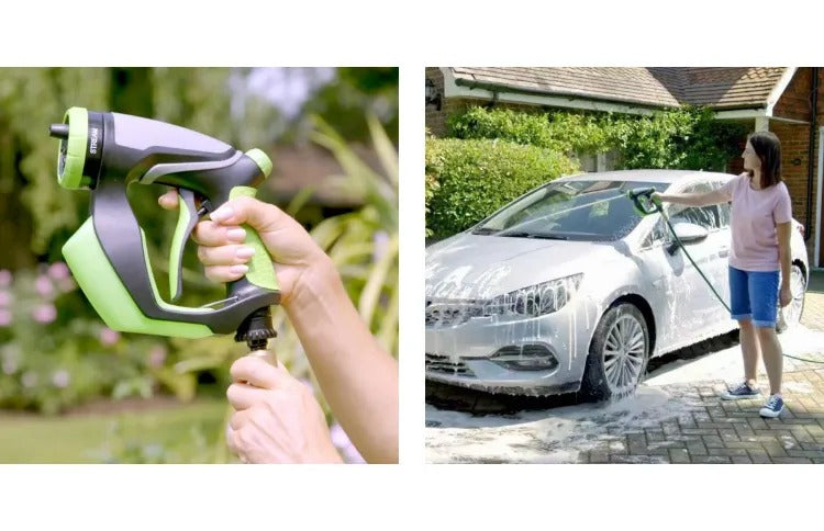 Idropulitrice in uso: mano regge la pistola verde e getto d’acqua su auto