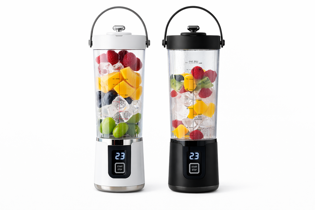 Coppia di frullatori portatili 500 ml con display e bicchiere trasparente, uno bianco uno nero