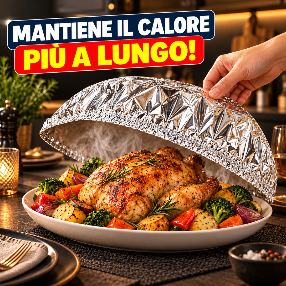 Copertura termica in alluminio argentato a cupola su piatto, bordi ripiegati