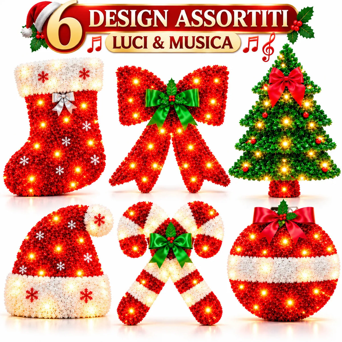 Set di 6 decorazioni natalizie luminose LED con musica: calza, fiocco, albero, cappello.