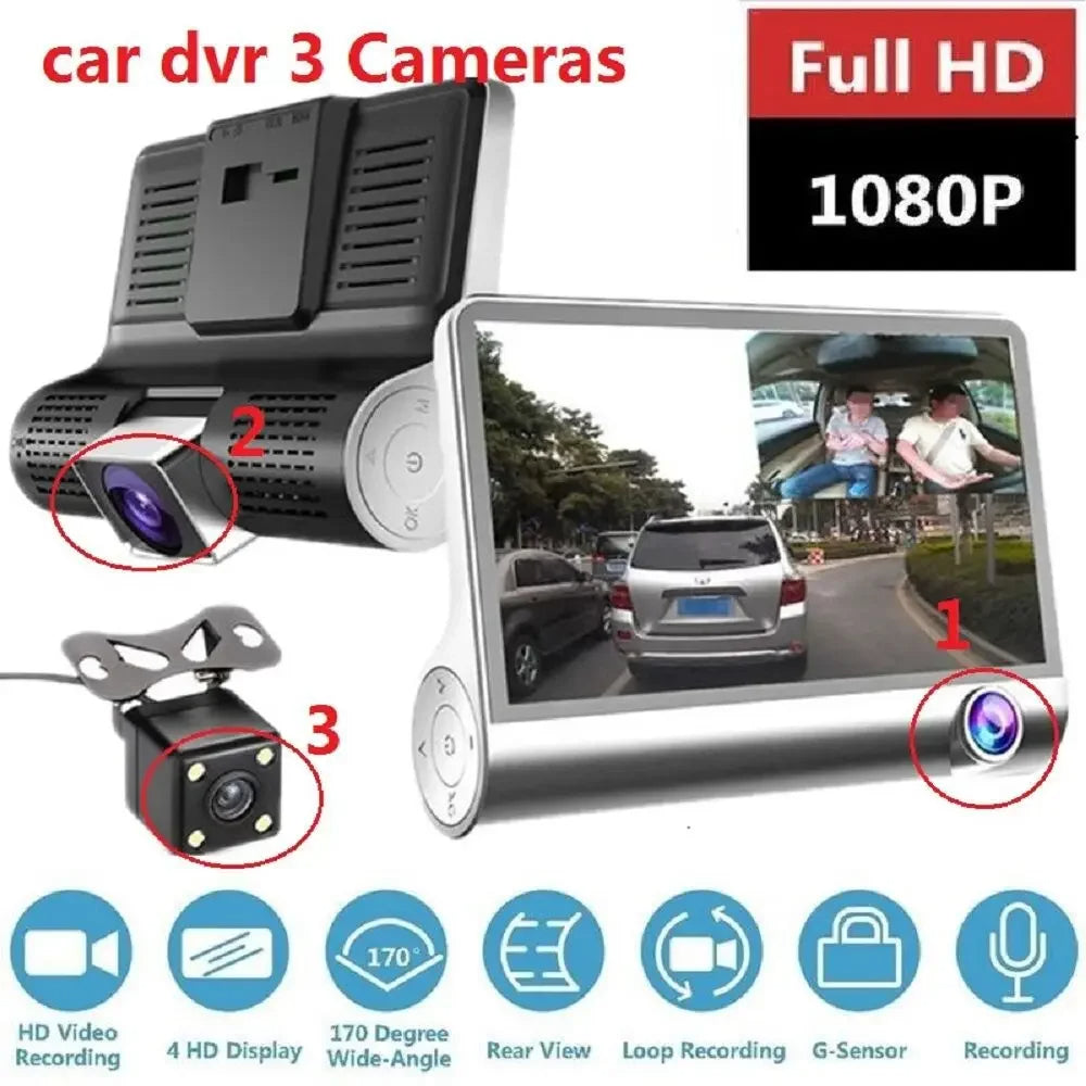 Dash cam per auto con schermo e obiettivi, kit con staffa e telecamera esterna