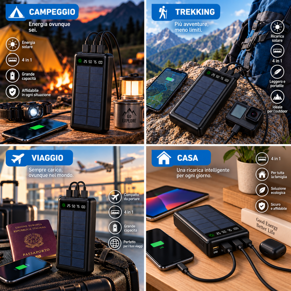 Power bank solare SKYLA SKY-2608 nero 4 in 1 con pannello e porte multiple.
