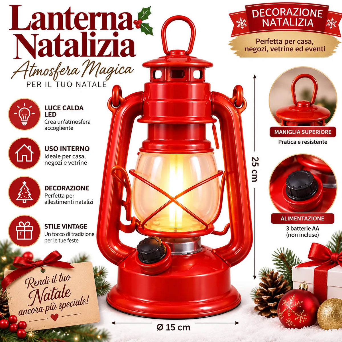 Lanterna di Natale vintage rossa con luce calda, maniglia e base rotonda